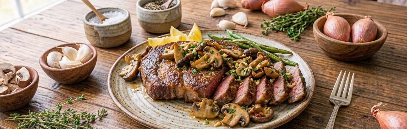 Cast Iron Ribeye with Garlic Mushrooms